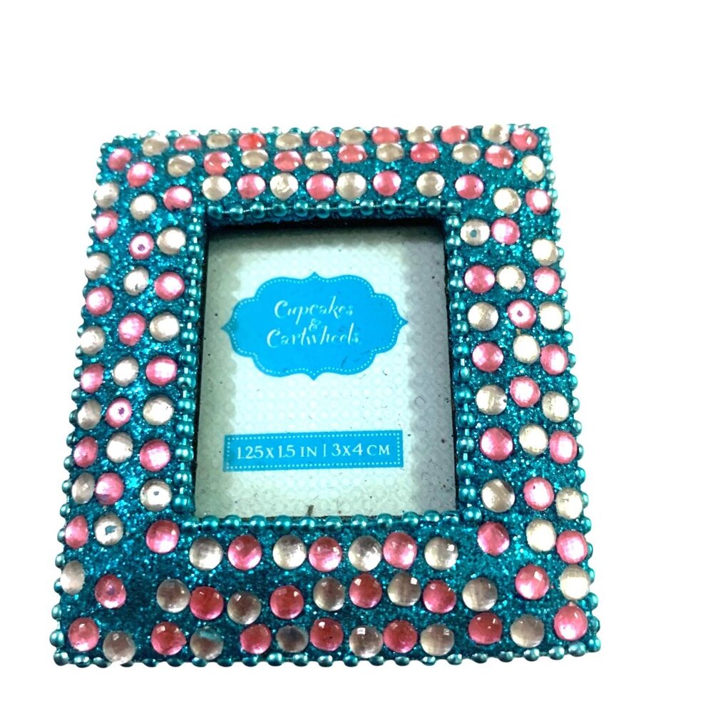 VTG Cupcakes & Cartwheels Micro‎ Picture Frame Blue Pink Crystals 1.25x1.5 Photo